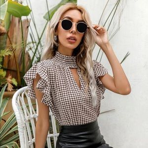 Plaid keyhole neckline ruffle trim blouse